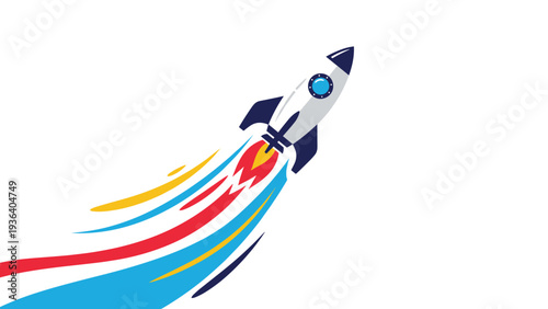 Space rocket launching upwards with vibrant colorful exhaust trails representing business startup, growth, and high speed success.