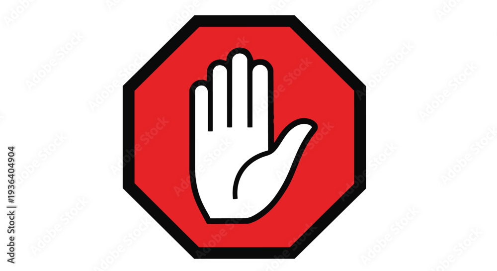 Fototapeta premium A red octagonal sign with a white hand palm facing outward in a stopping gesture