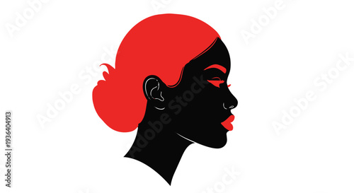 A striking black and red silhouette of a womans head in profile against a