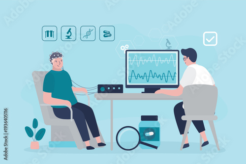 Electroencephalogram, scientific brain research. Medical test human brain in patients head through sensors connected to lab EEG machine.