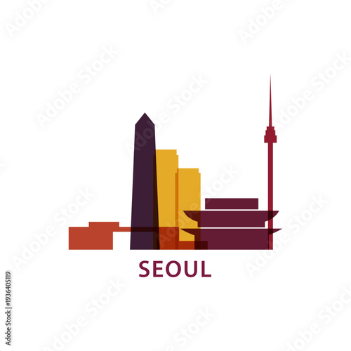 Seoul logo, clip art with cityscape, skyline, panorama, sightseeing. Vector flat isolated illustration. South Korea city image with landmarks and buildings