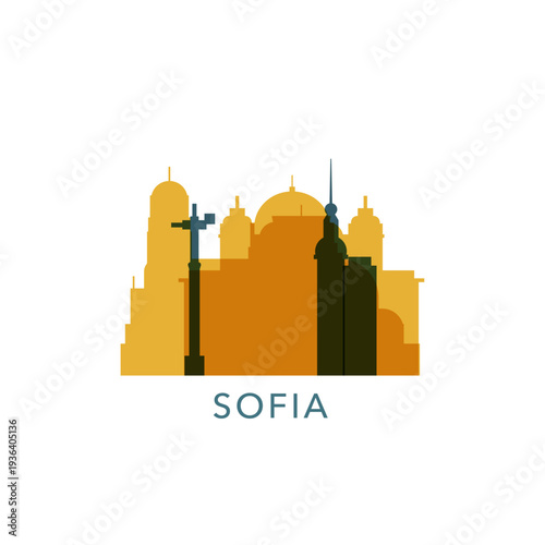 Sofia logo, clip art with cityscape, skyline, panorama, sightseeing. Vector flat isolated illustration. Bulgaria city image with landmarks and buildings
