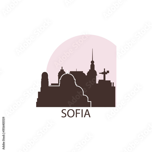 Sofia logo, clip art with cityscape, skyline, panorama, sightseeing. Vector flat isolated illustration. Bulgaria city image with landmarks and buildings