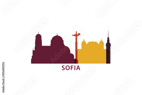 Sofia logo, clip art with cityscape, skyline, panorama, sightseeing. Vector flat isolated illustration. Bulgaria city image with landmarks and buildings