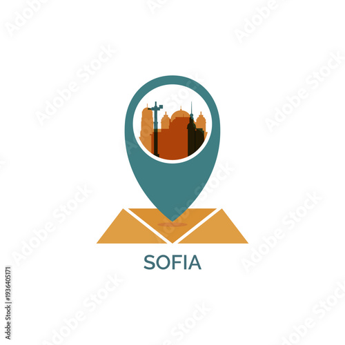 Sofia icon of map pin pointer, geolocation, skyline shape. Vector logo, isolated clip art. Bulgaria web symbol with landmarks and buildings