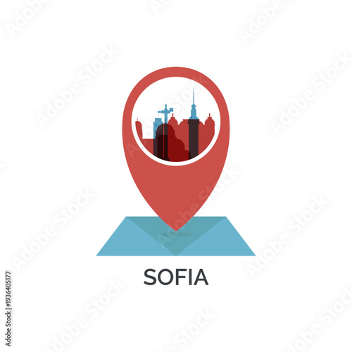 Sofia icon of map pin pointer, geolocation, skyline shape. Vector logo, isolated clip art. Bulgaria web symbol with landmarks and buildings