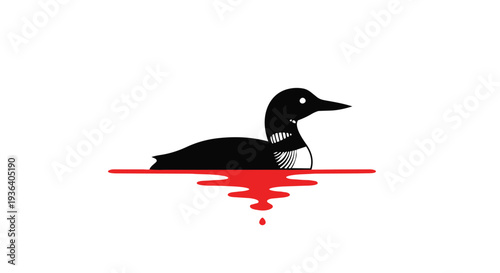A black and white illustration of a loon swimming in red water