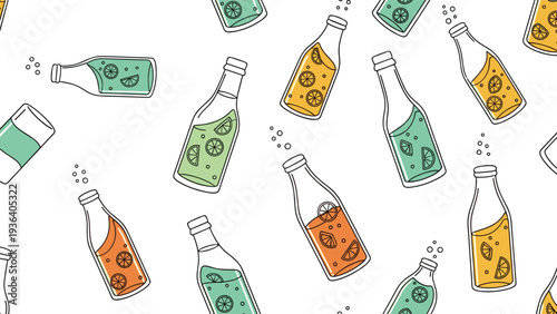 Refreshing seamless pattern of colorful soda bottles with lemon slices and bubbles on a white background for summer drink designs.