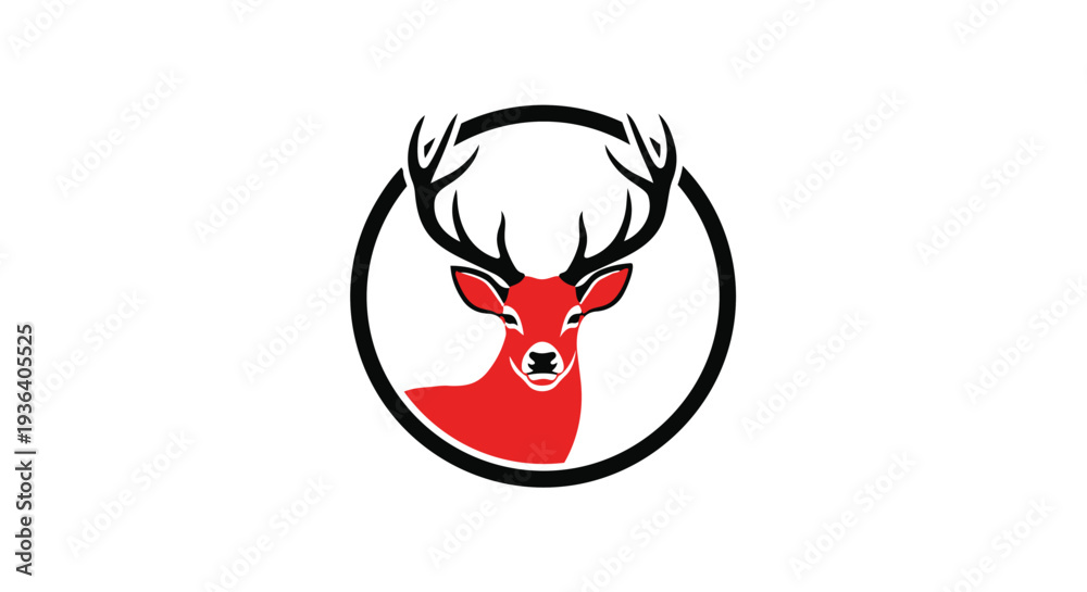 Obraz premium A red deer head logo with antlers in a black circle