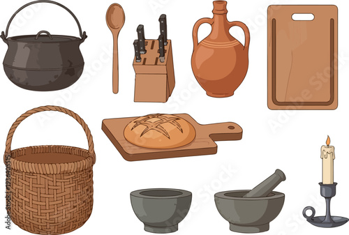 Collection of kitchen utensils and cookware displayed on a clean white background