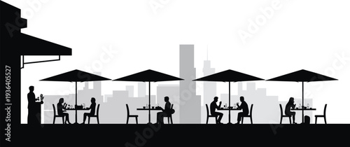 Silhouette of people dining at outdoor cafe terrace with city skyline background, urban restaurant scene vector illustration isolated on white background