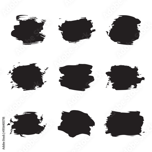 Nine abstract black ink blots arranged in grid formation isolated on transparent background