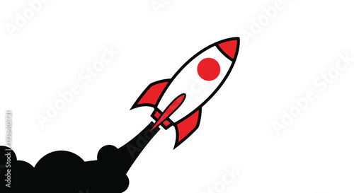 A cartoon rocket ship blasting off into the sky with red fins and a red circle on its side