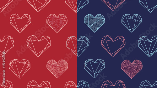 Symmetrical pattern of geometric line-art hearts on a split background of deep red and dark blue representing modern romance.