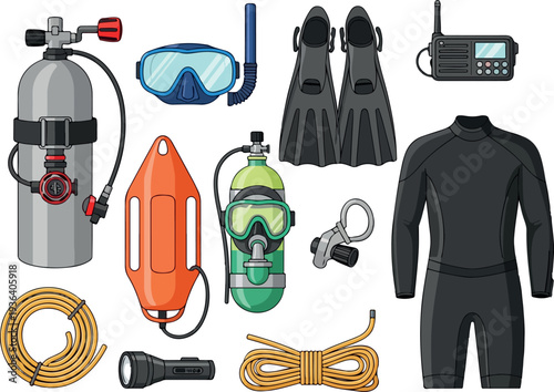 Scuba diving equipment laid out on a white surface showcasing various gear including wetsuits, masks, and oxygen tanks
