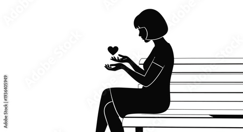 Silhouette of a woman sitting on a bench holding a heart in her hands