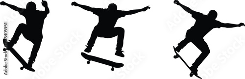  Set of black silhouettes of skateboarders performing extreme tricks and mid air jumps isolated on white background for urban street sports,