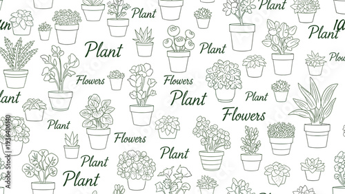 Seamless background pattern of diverse hand-drawn potted plants and flowers with text labels on a white surface for garden lovers.