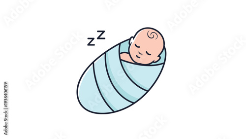 Cute sleeping baby wrapped in a soft light blue swaddle blanket with Z icons representing peace, quiet, and infant care.