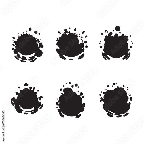 Six black ink splatter designs isolated on transparent background for creative projects
