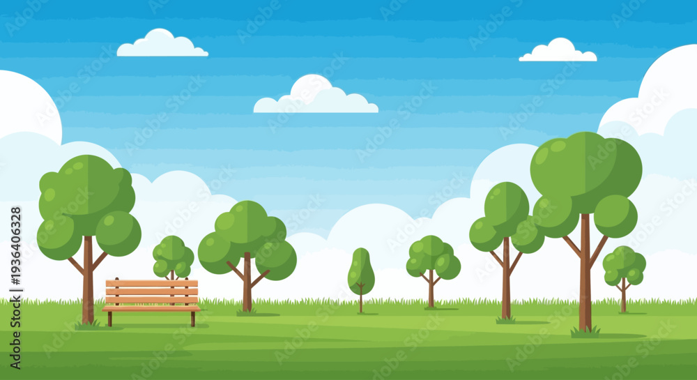 Fototapeta premium Green park landscape with trees, bench, blue sky, and clouds
