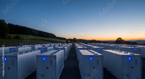 Grid scale battery energy storage system containers at sunset, renewable energy infrastructure