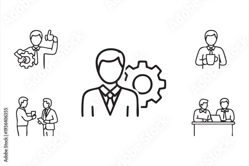 Professional Workplace Line Icons Featuring Teamwork, Meeting and Leadership Concepts