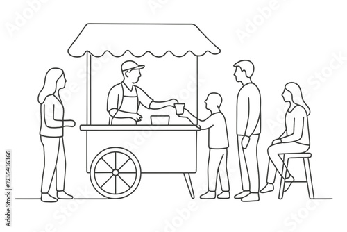 Minimalist Food Cart Scene. "Food Cart Scene". Minimalistic one-line drawing vendor serving food from cart