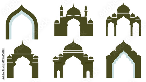 Collection of six diverse architectural silhouettes of mosque domes and oriental arches representing Islamic culture and heritage.