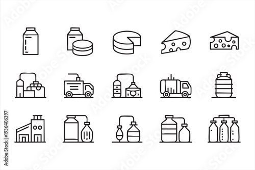 Modern Dairy Industry Vector Icons Featuring Milk Cartons, Cheese and Factory Equipment