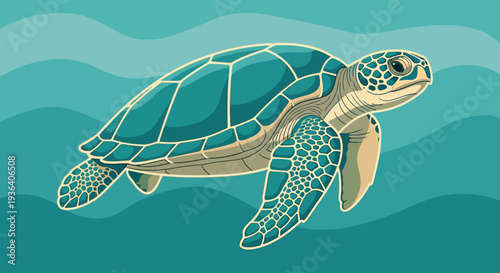 Illustrated sea turtle swimming underwater with blue waves