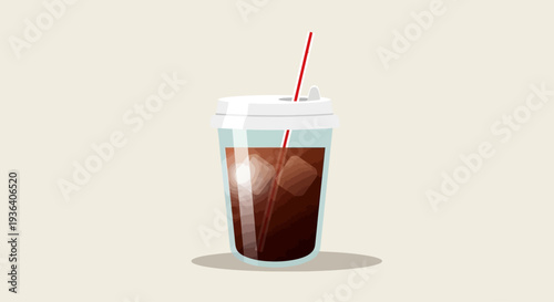 Iced coffee in disposable plastic cup with straw