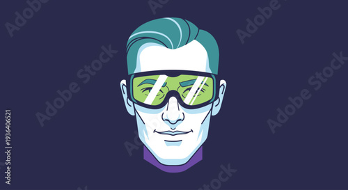 Illustrated man's head with bright green futuristic goggles