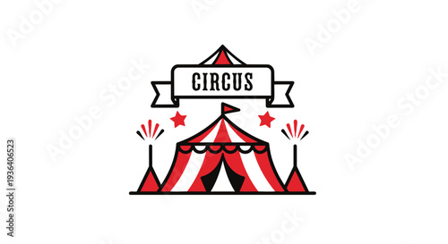 A colorful circus tent logo with red and white stripes and stars
