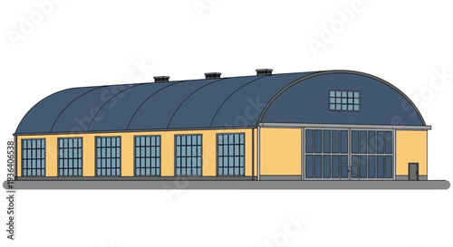 Industrial warehouse building with arched blue roof and yellow walls