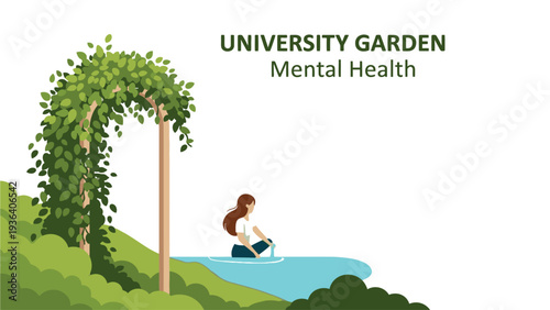 Illustration of a woman sitting by a serene pond under a lush green archway in a peaceful garden with a mental health theme.