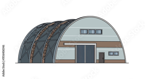 Industrial arched warehouse building with large sliding doors