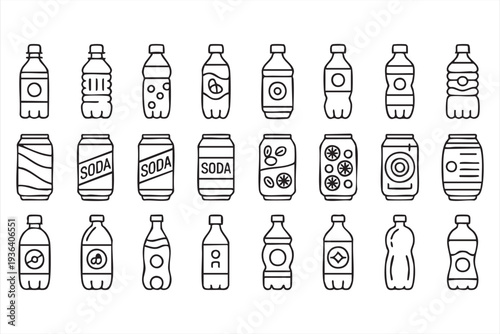 Soft Drink Packaging Line Icon Set Featuring Bottles, Cans and Citrus Drinks