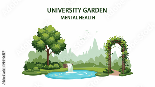Illustration of a serene university garden with a pond, fountain, and lush greenery, featuring a tree and archway, representing mental health.