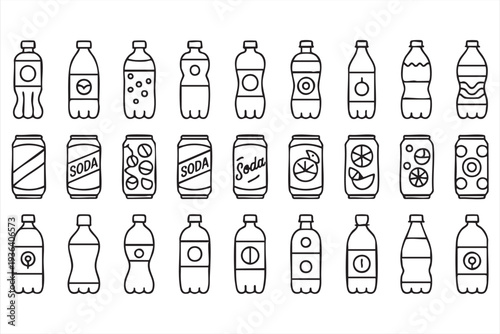 Minimal Outline Icon Set for Soft Drinks, Citrus Soda and Sparkling Beverages