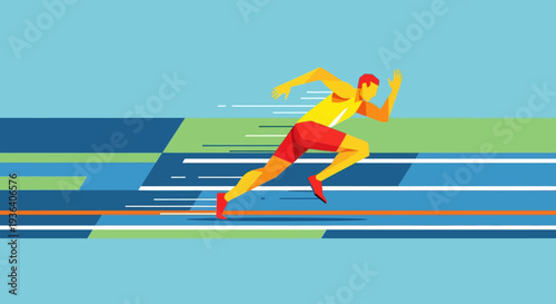 Male athlete sprinting fast on an abstract motion background
