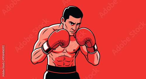 Male boxer in fighting stance wearing red gloves