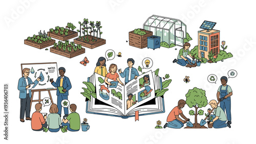 Illustration of diverse people engaging in various sustainable activities such as gardening, reading about plants, and renewable energy in a vibrant and educational setting with green