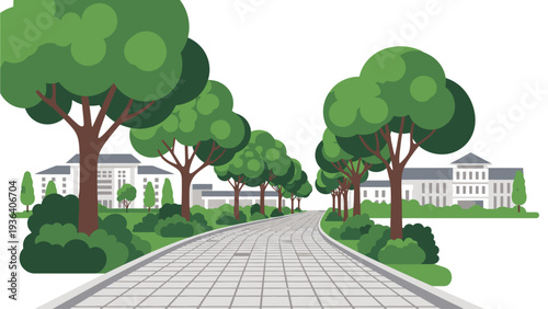 Illustration of a paved road lined with trees and buildings on a white background with green foliage.