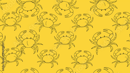 Seamless pattern of hand-drawn crabs on a bright yellow background, suitable for summer, seafood menus, and coastal themed graphic designs.