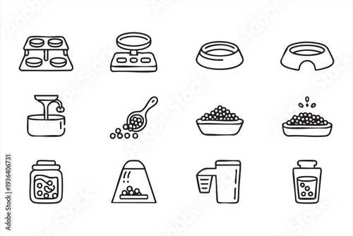 Minimal Pet Food and Feeding Bowl Line Icon Set for Dog and Cat Care