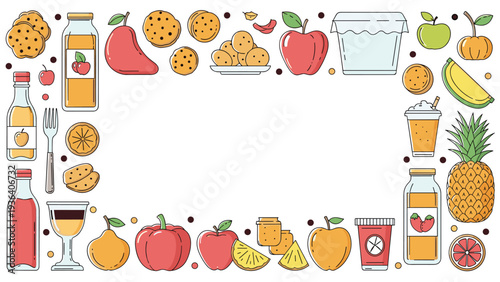 Rectangular frame composed of various healthy food items like fruits, juices, and cookies on a white background for health and wellness.