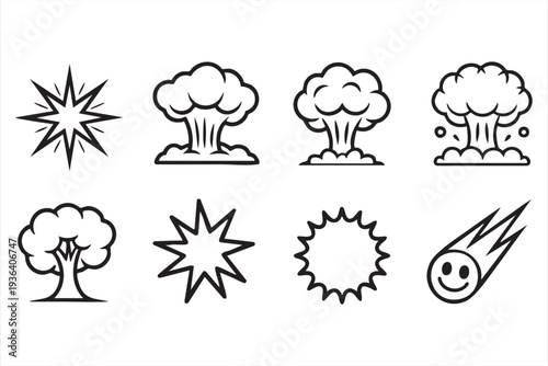 Explosion and Meteor Impact Line Icons for Disaster Concept Illustrations
