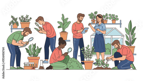 Illustration of people gardening and examining plants with magnifying glasses in a greenhouse setting with various potted plants.
