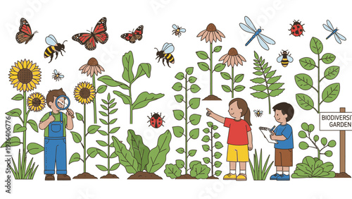Illustration of children observing and interacting with plants and insects in a community garden with a sign and various wildlife.